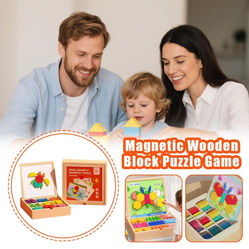 Brain Blocks, Tangram Puzzle Set, Magnetic Geometric Pieces, Double-Sided Board, Wooden Storage Box, 220 Pieces and Challenge Cards, for Creative Learning and Skill Development - Image 4